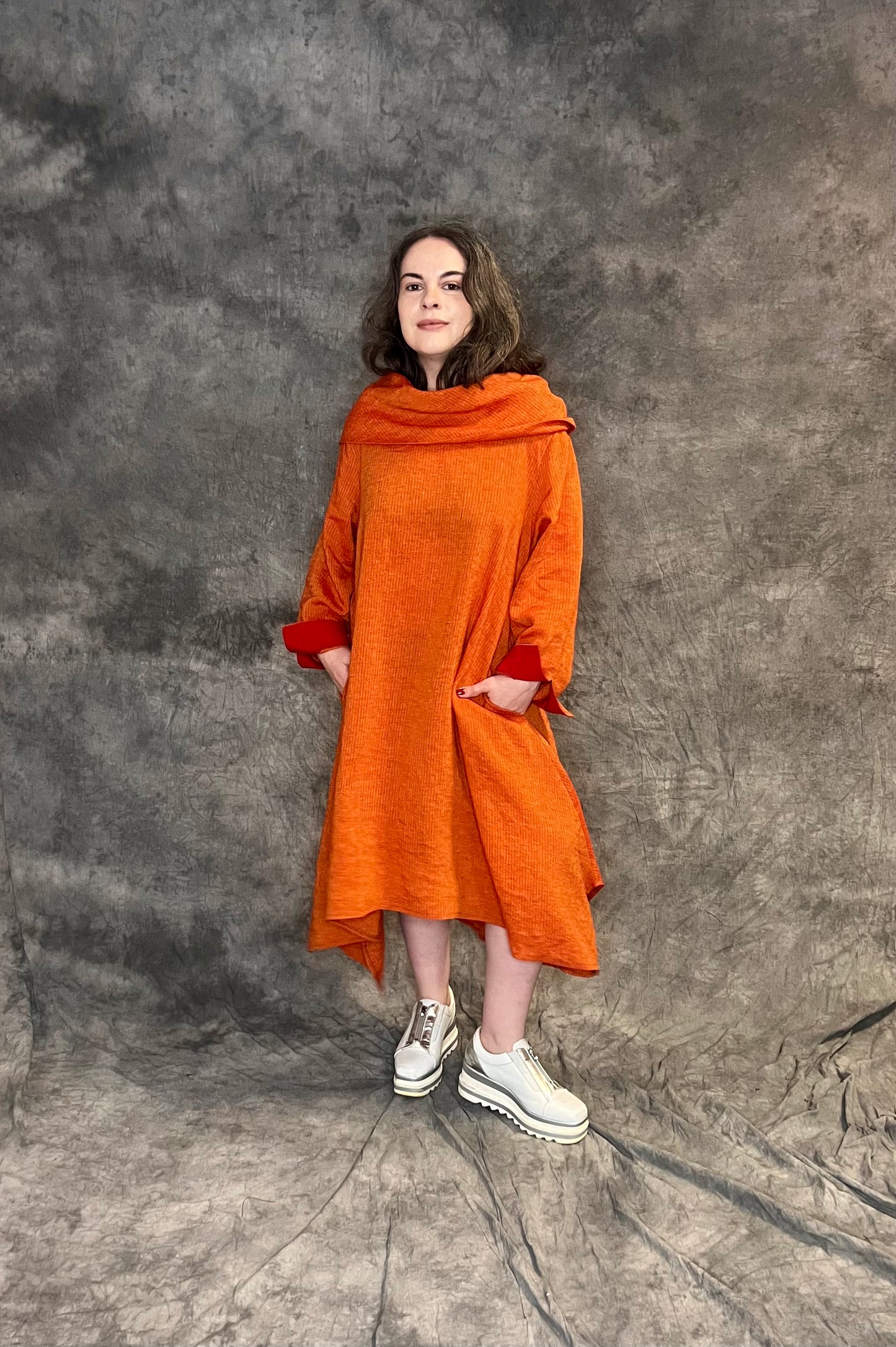 Terry Macey “Paris” Tunic in Orange with Red Cuffs