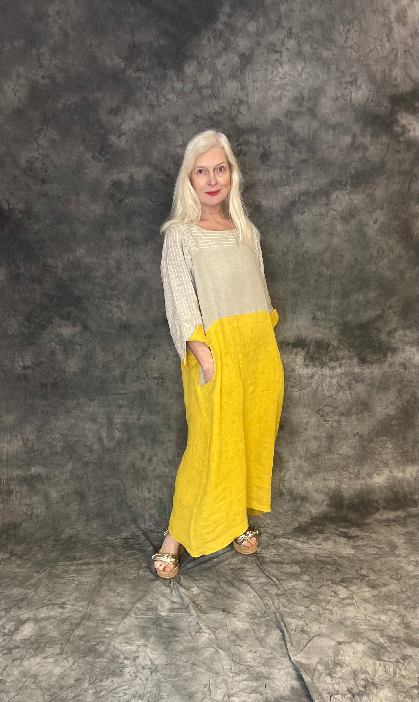 Terry Macey Emily Dress in Stone and Lemon Linen