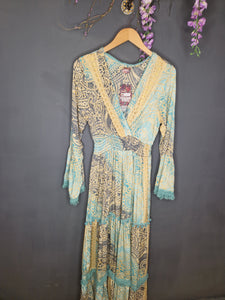 Bohoo Fashion, Paisley Patterned, Festival Maxi Dress in Baby Blue and Yellow