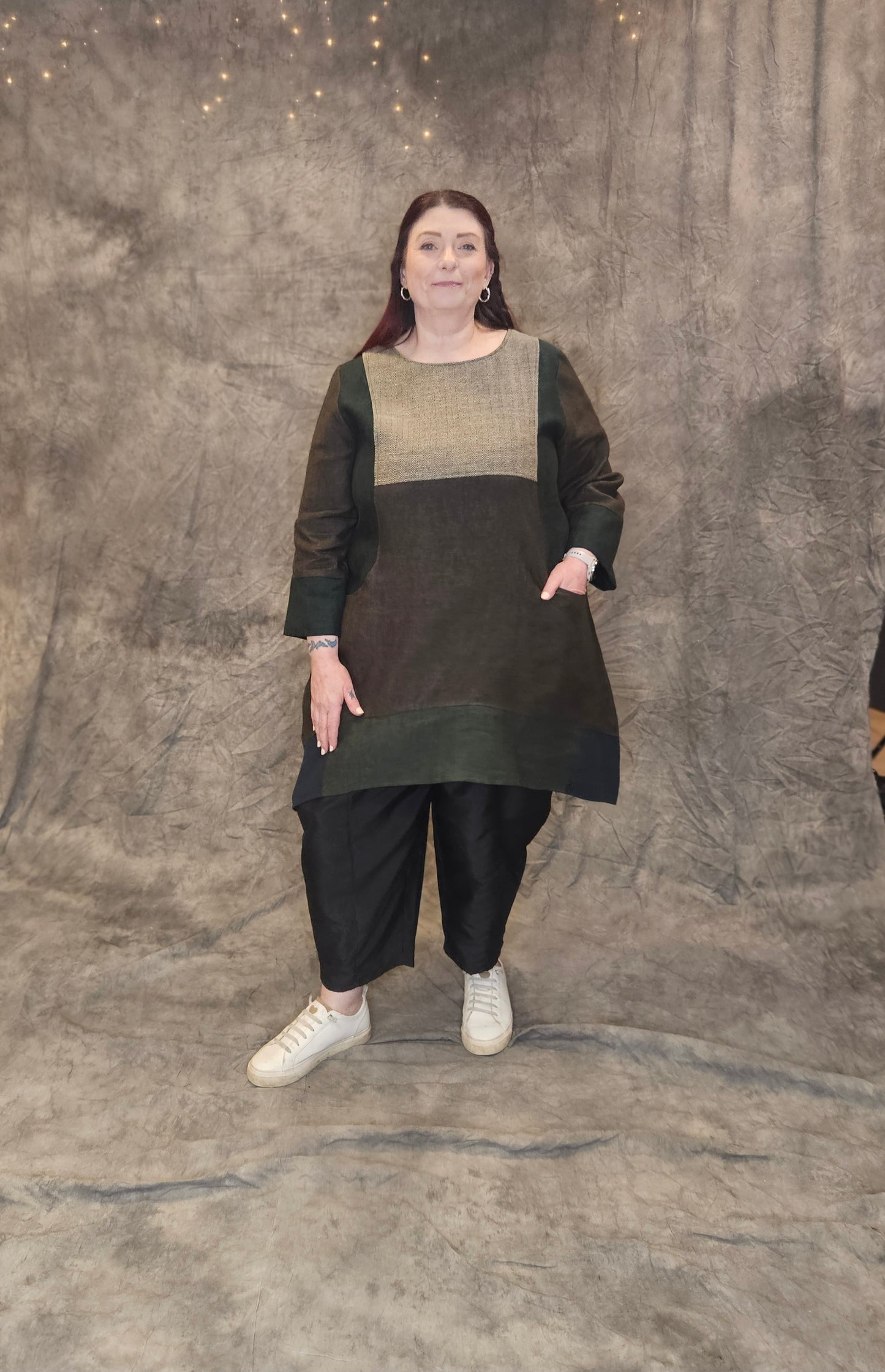 Terry Macey Emily Tunic in Forest Green Brown  Amber Hold & Herringbone