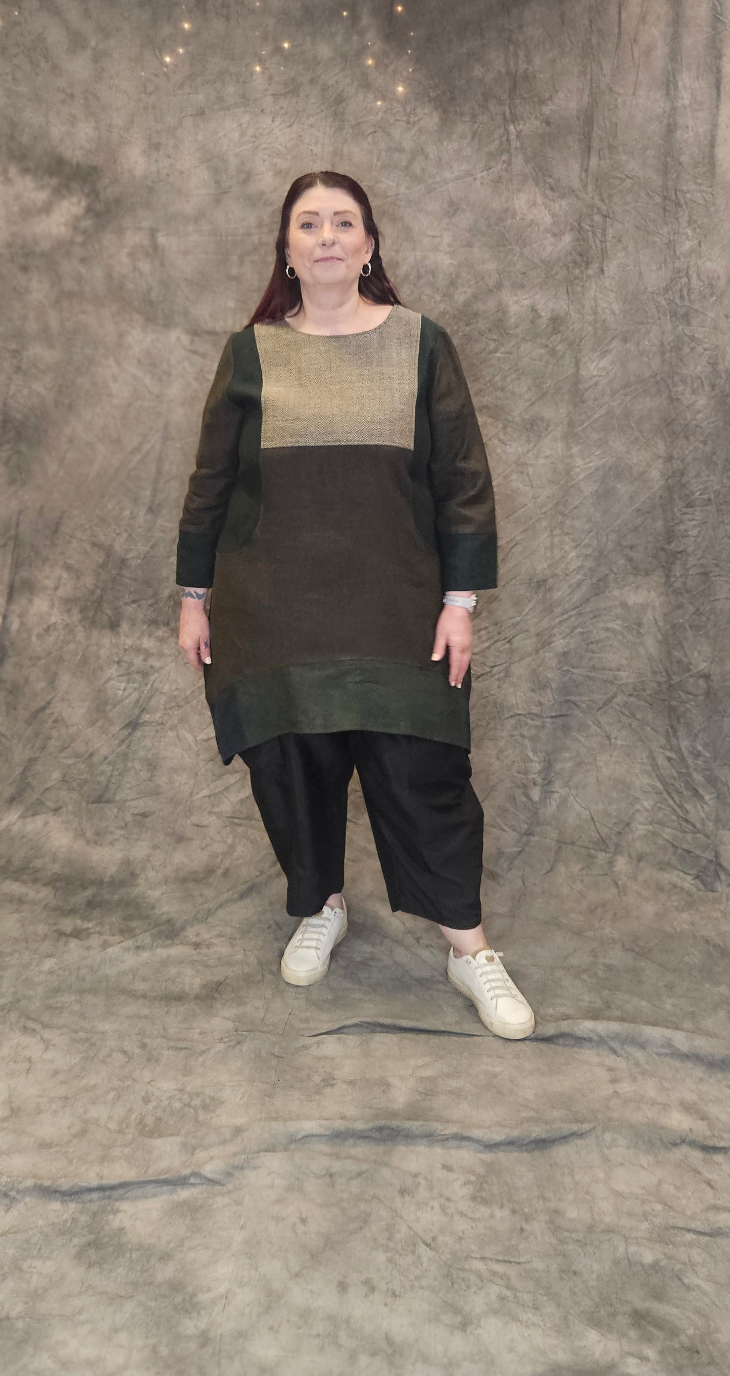 Terry Macey Emily Tunic in Forest Green Brown  Amber Hold & Herringbone